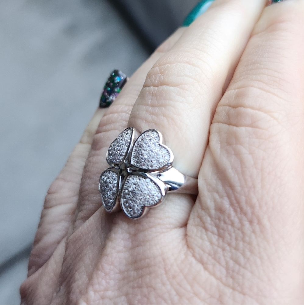 Handmade Sterling Silver 925 CZ Heart Shaped 4 Leaf Clover Ring Size 6.75 - Picture 3 of 9